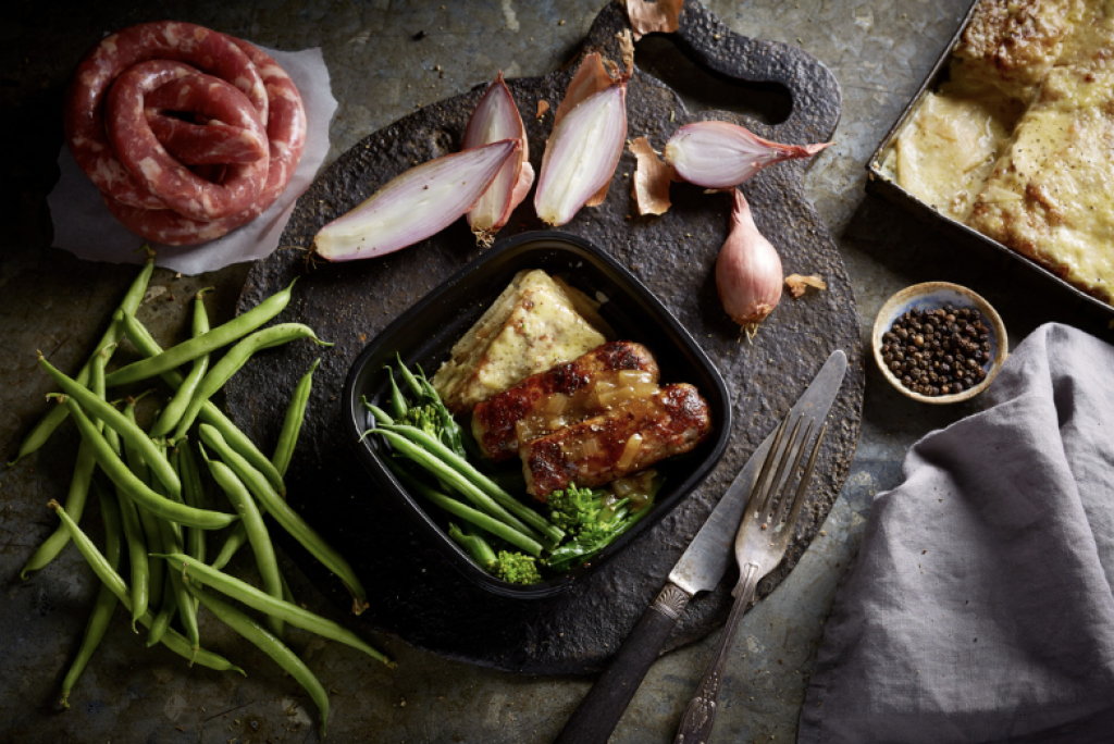 keto sausage with celeriac dauphinoise and seasonal veg