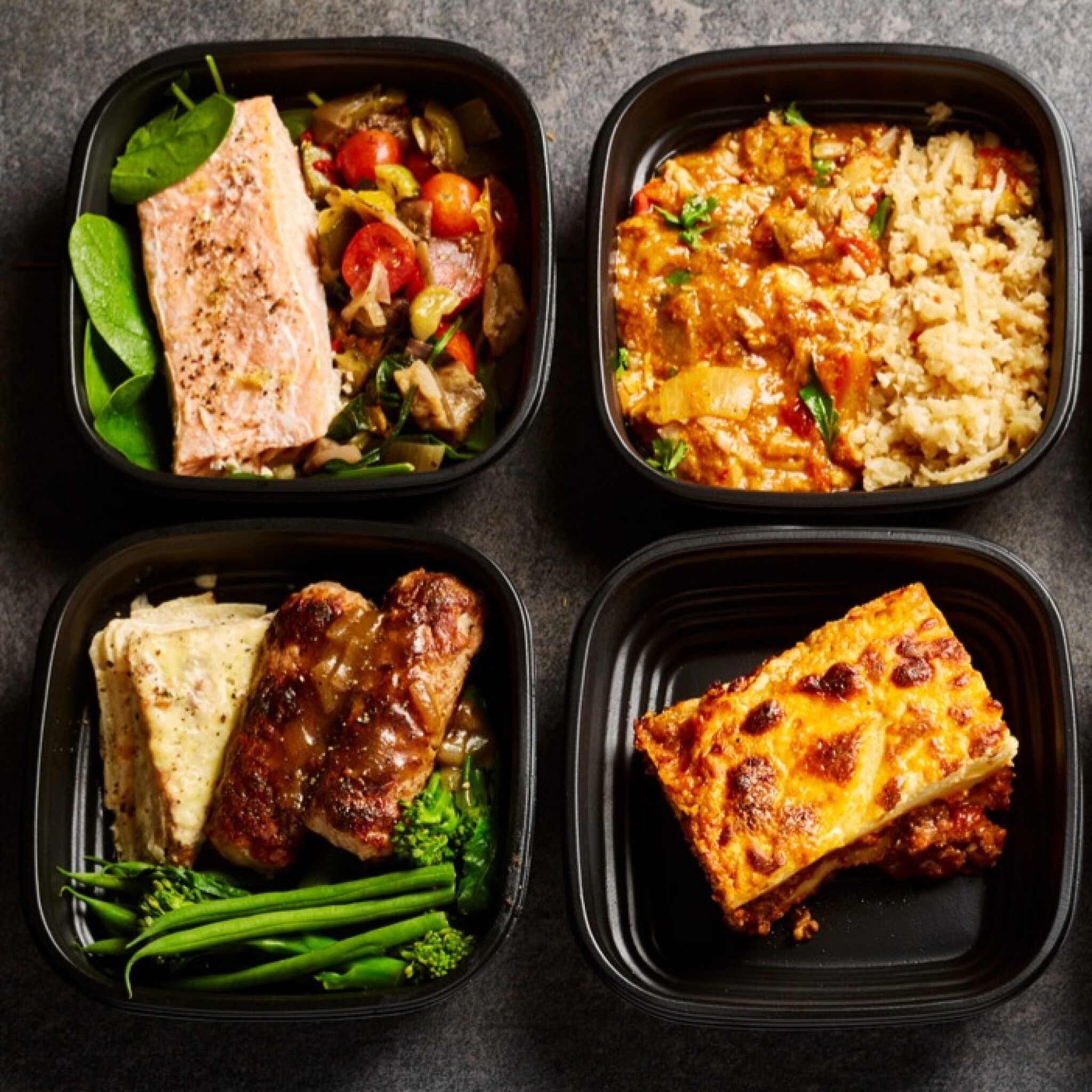 Low carb keto meal prep delivered with salmon, chicken and seasonal vegetables