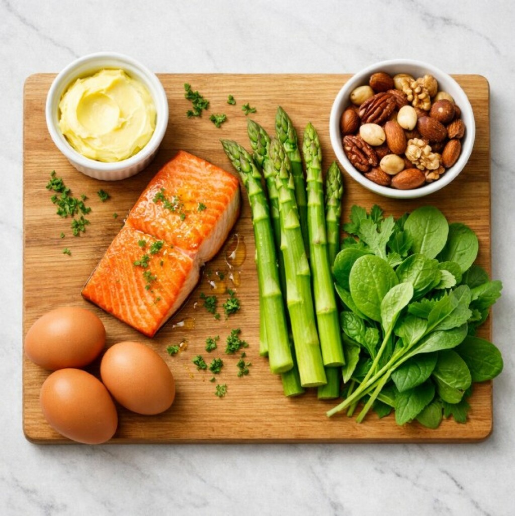 keto foods on a wooden board
