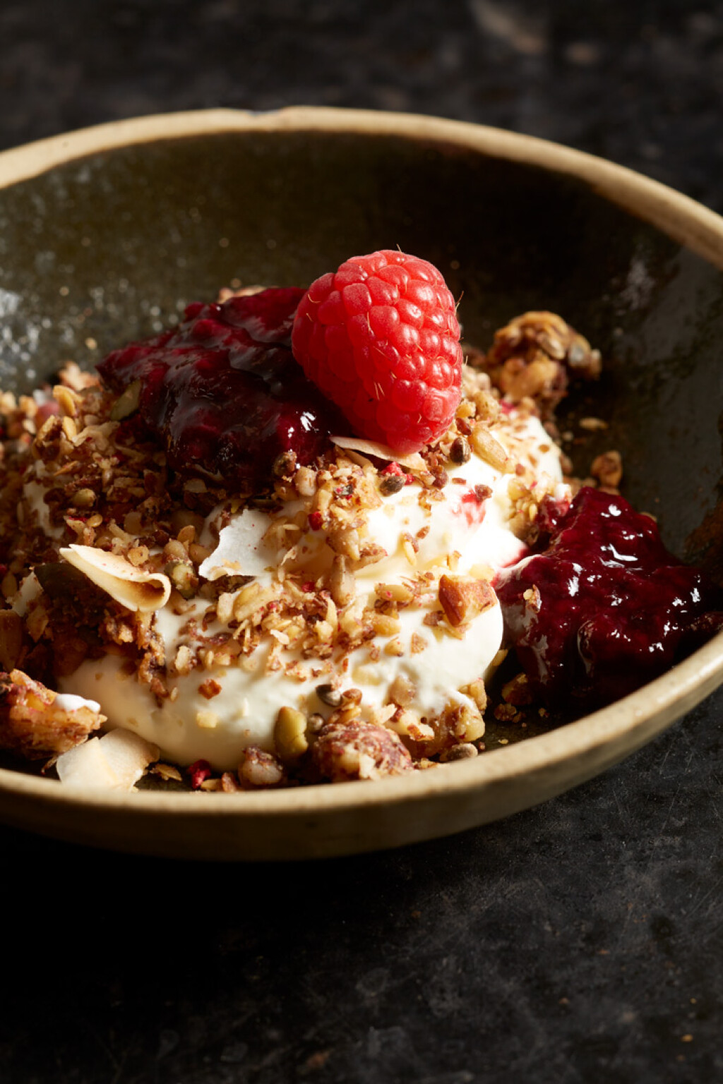 homemade low carb granola with greek yoghurt and raspberries